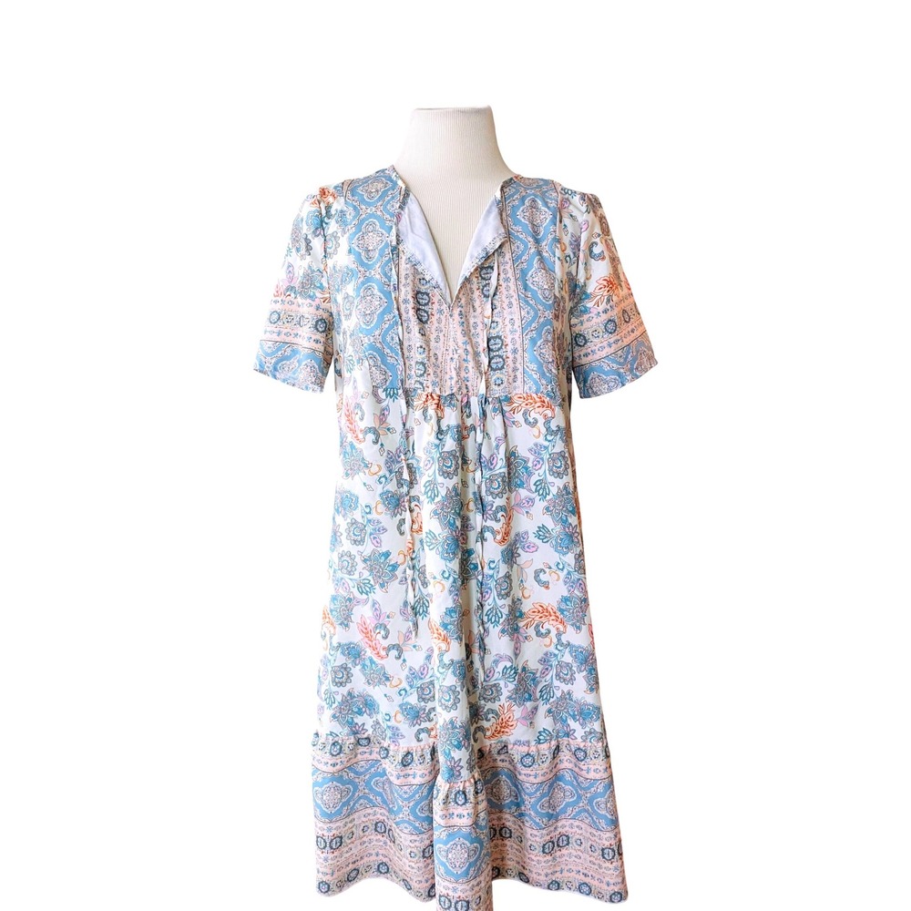 SHEIN Blue Paisley Floral Print Shift Dress Short Sleeve Boho Tiered Hem Size 6‎